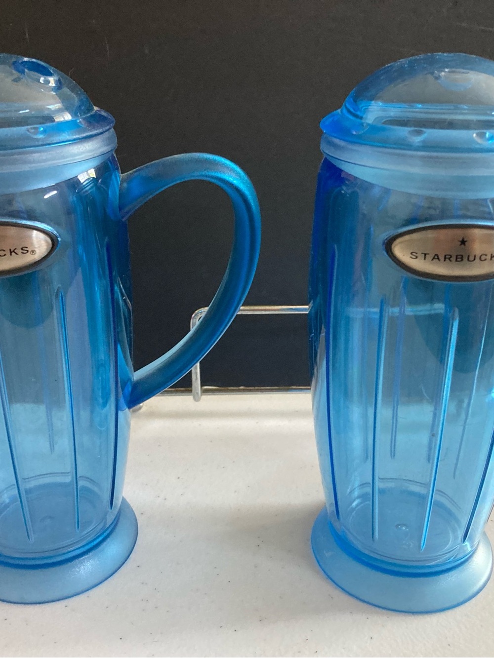 Starbucks Blue Soda Fountain Travel Mug Set Transparent Plastic with Handles